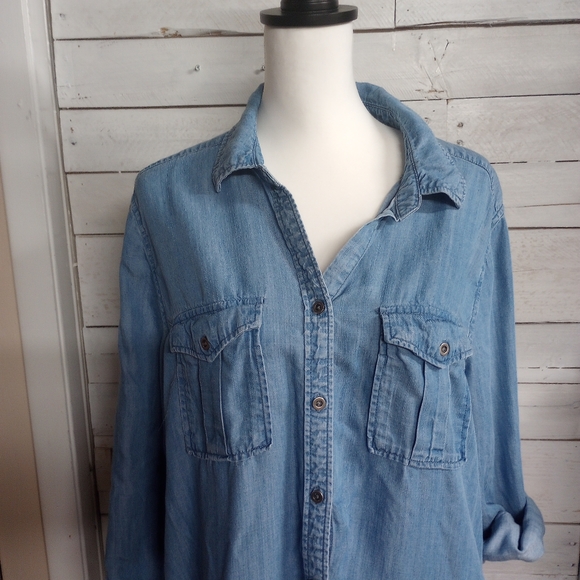 Philosophy Women's Size XL Blue Denim Long Shirt Dress Roll Tab Sleeve Pockets - Picture 2 of 15